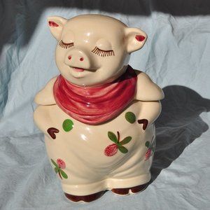 vintage 1940s Shawnee smiley pig clover flower design cookie jar (554w)